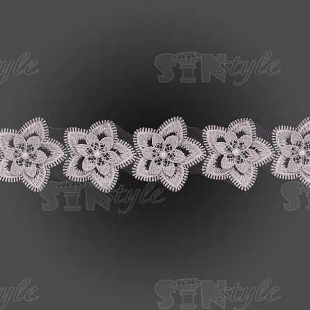 Кружево "Цветочки" украшено бусиной, на капроновой ленте, ширина 55 мм, цвет серый, намотка 20 ярдов фото 2