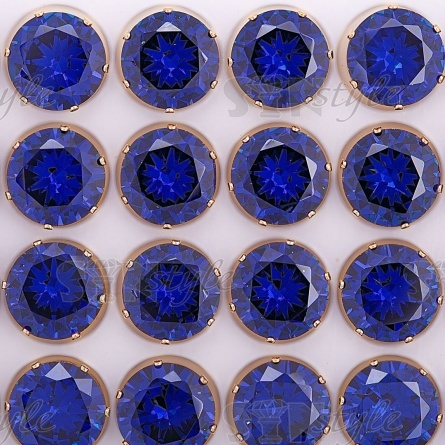 Стразы пришивные стеклянные в цапах, форма круг, цвет золото+синий, диаметр 12 мм фото 3