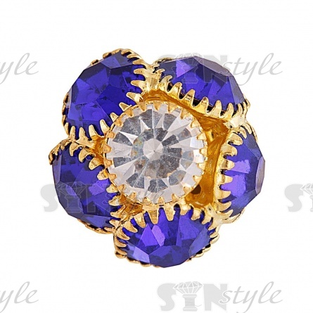 Пуговица металлическая на ножке, диаметр 15 мм, основа золотая, стразы ярко-синего и белого цвета фото 1