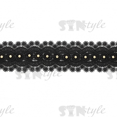 Кружево ажурное, дополненное скрученной капроновой лентой и золотыми бусинами, ширина 55 мм, намотка 15 ярдов, цвет черный фото 2