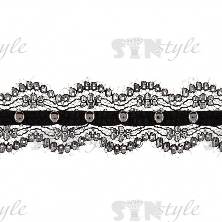 Кружево ажурное, отделанное тесьмой с заклепками,  ширина 25 мм, намотка 15 ярдов, цвет черны+темный никель  фото 3