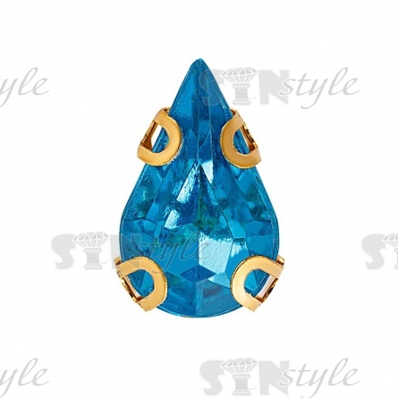Стразы пришивные акриловые в цапах, форма капля, цвет золото+голубой, размер 6х10мм, 200 шт/уп. фото 1