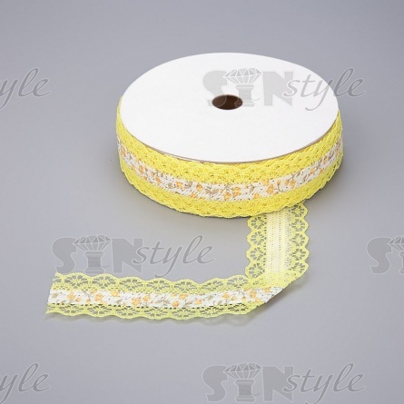 Декоративная лента на кружевной основе с цветочным принтом, цвет желтый, ширина 30 мм, намотка 20 ярдов фото 1