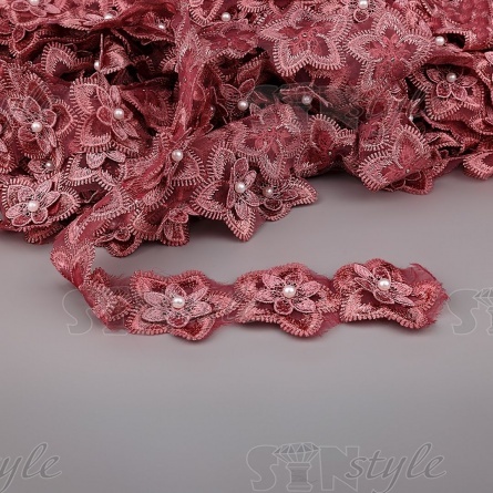 Кружево "Цветочки" украшено бусиной, на капроновой ленте, ширина 55 мм, цвет грязно-розовый, намотка 20 ярдов фото 1