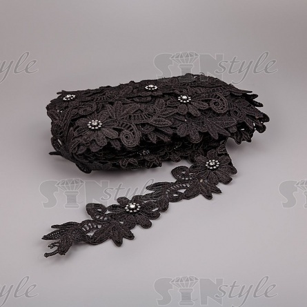Кружево "Цветочное", нежная цветочная гирлянда с резными стилизованными листьями, ширина 65 мм, цвет черный, намотка 15 ярдов фото 2