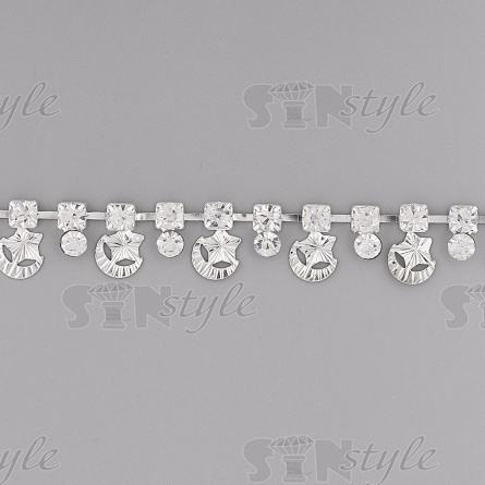 Цепочка декоративная металлическая со стразами, ширина 15 мм, цвет серебро+белые стразы фото 1