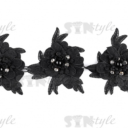 Объёмное "Цветочное" кружево, украшенное черными бусинами и белыми стразами, ширина 140 мм, цвет черный, намотка 15 ярдов фото 1