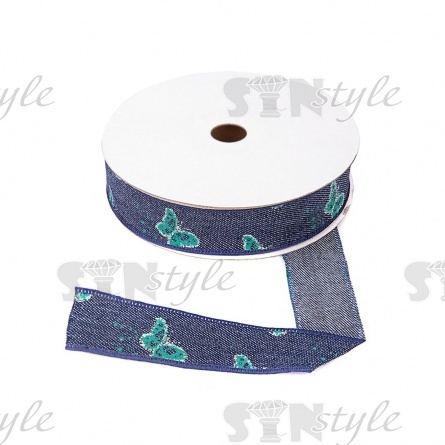 Джинсовая лента с бабочками зеленого цвета, ширина 25 мм, намотка 20 ярдов фото 1