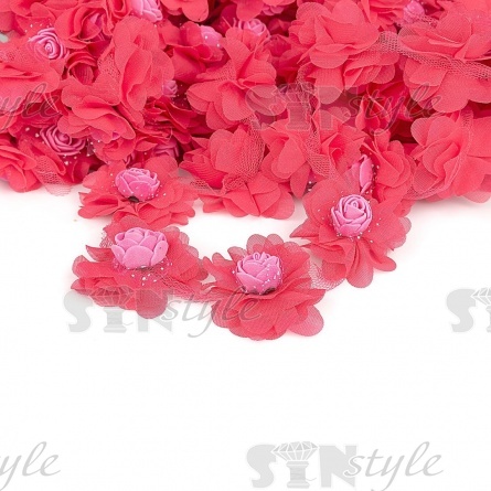 Кружево "Цветочки" на капроновой ленте, нежная цветочная гирлянда с объемными цветами, ширина 60 мм, цвет фуксия (34), намотка 10 ярдов фото 1