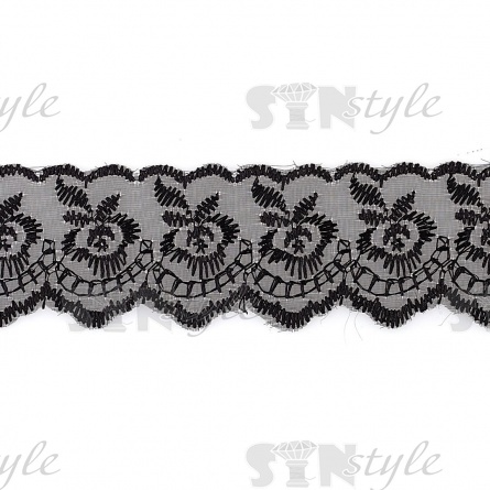 Кружево декоративное, нежная вышивка на тонкой капроновой основе, ширина 40 мм, цвет черный (39),  намотка 10 ярдов фото 1