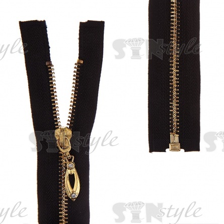 Молния металлическая, тип 5, разъемная, длина 80 см, цвет 322 (черный), звенья золотистые, бегунок золотистого цвета со стразами фото 1