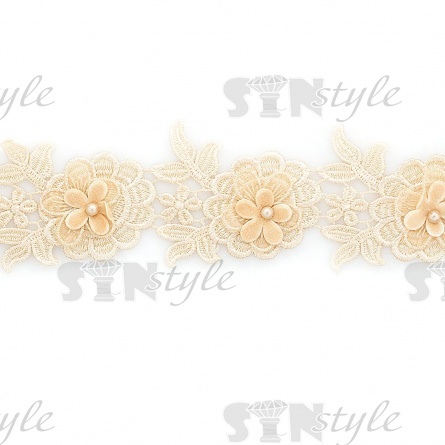 Кружево Цветочное, воздушная цветочная гирлянда с бусиной в центре цветка, намотка 10 ярдов, ширина 65 мм, цвет светло-бежевый фото 3