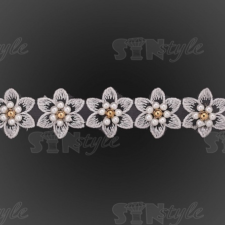 Кружево "Цветочки" украшено бусинами, на капроновой ленте, ширина 30 мм, цвет серый, намотка 20 ярдов фото 3