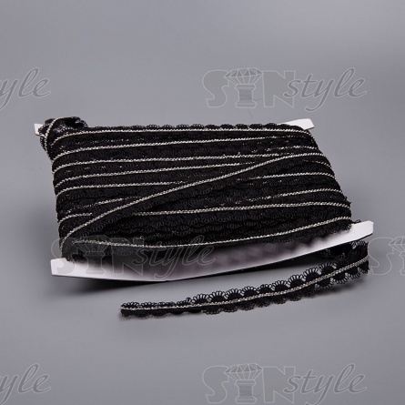 Кружево ажурное, декорированное металлической цепочкой, ширина 15 мм, цвет черный, намотка 15 ярдов  фото 3