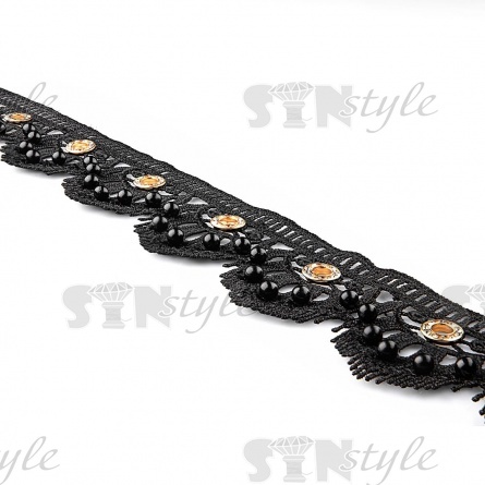 Кружево ажурное с золотыми люверсами, черными бусинами и белыми стразами, ширина 60 мм, намотка 15 ярдов, цвет черный фото 3
