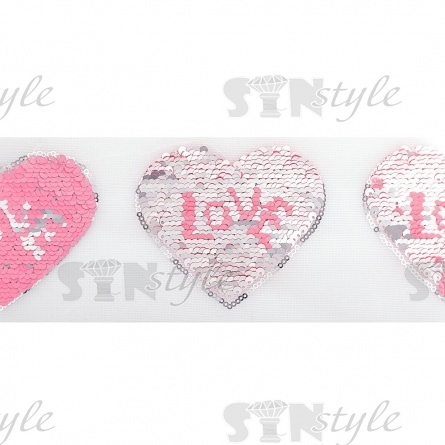 Аппликация на сетке из пайеток "Сердце",  размер 100 х 80 мм, цвет розовый+серебряный, рулон 82 шт. фото 2