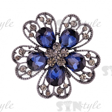 Брошь со стразами, размер 47 мм, цвет темный никель+синие стразы, застежка булавка фото 1