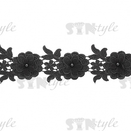 Кружево Цветочное, воздушная цветочная гирлянда в обрамлении ажурных листиков, намотка 10 ярдов, ширина 65 мм, цвет черный фото 3