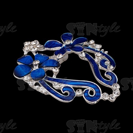 Брошь со стразами, размер 45х51 мм, цвет никель+стразы белые+эмаль синяя, застежка булавка фото 2