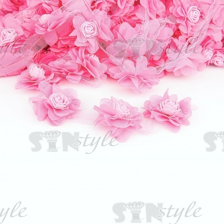 Кружево "Цветочки" на капроновой ленте, нежная цветочная гирлянда из объемных цветов, ширина 60 мм, цвет розовый (107), намотка 10 ярдов фото 1