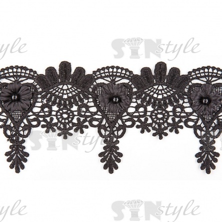 Кружево ажурное с отделкой, нежнейшее тонкое переплетение гирлянды с цветочными мотивами с бусиной в центре цветка, ширина 75 мм, намотка 15 ярдов, цвет черный фото 3