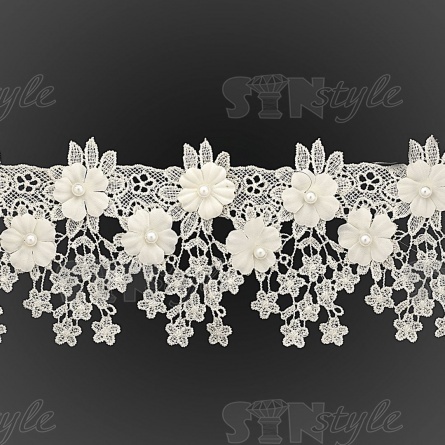 Кружево ажурное с отделкой бусинами и цветами, ширина 90 мм, цвет шампань, намотка 10 ярдов фото 2