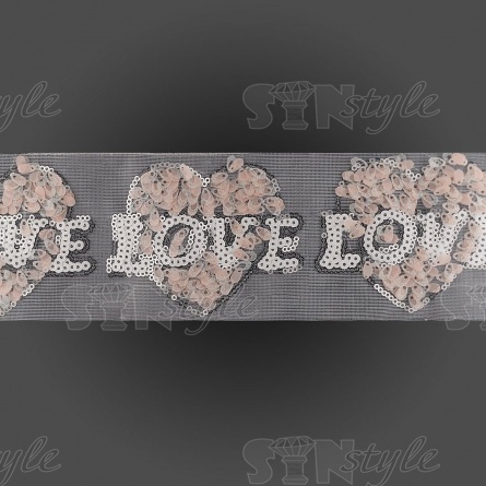 Аппликация на сетке из пайеток "Love", цвет персиковый, размер 100 х 80 мм, рулон 82 шт. фото 2