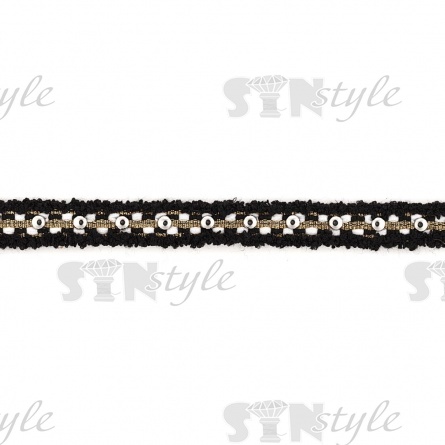 Тесьма букле, цвет черный с белым, отделана золотым люрексом и заклепками цвета никель, ширина 20 мм , намотка 15 ярдов фото 2