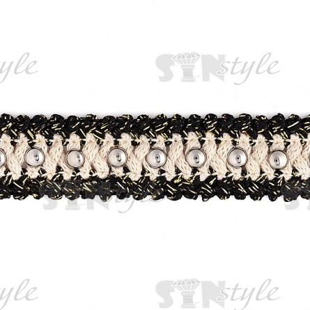 Тесьма букле, черно-белая с люрексом, отделана заклепками цвета никель, ширина 20 мм, намотка 15 ярдов фото 1