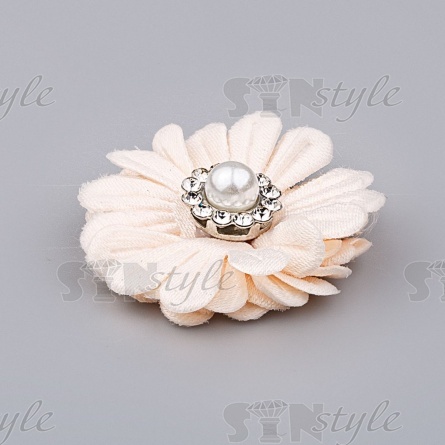 Цветочки декоративные со стразами и бусиной, цвет шампань, диаметр 30 мм,  фото 2