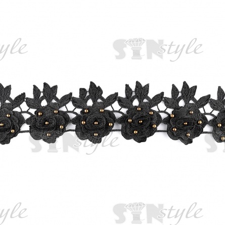 Кружево ажурное с отделкой,  нежные бутоны роз, усыпанные бусинами, словно капельками росы, ширина 100 мм, намотка 15 ярдов, цвет черный фото 1