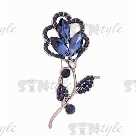Брошь металлическая со стразами, цвет темный никель+синие стразы,застежка булавка, размер 32х64 мм фото 1