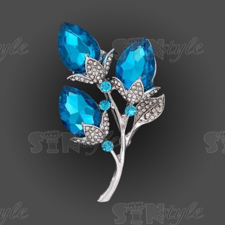 Брошь металлическая, застежка булавка, размер 35 мм х 60 мм, цвет серебро+синие и белые стразы фото 1