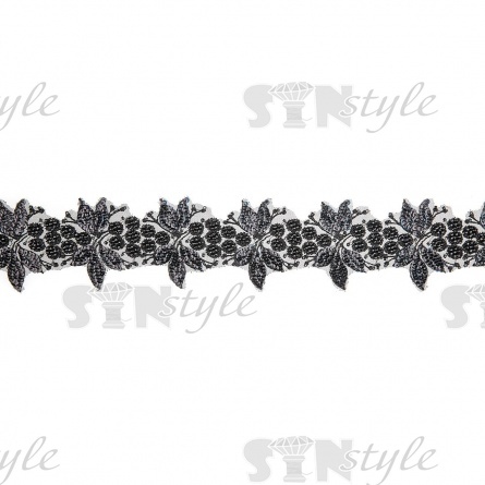 Кружево на сетке с растительным орнаментом, расшитое пайетками и микробисером, ширина 70 мм, цвет черный, намотка 10 ярдов  фото 3