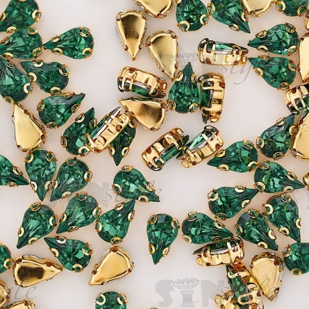 Стразы пришивные акриловые в цапах, форма капля, цвет золото+зеленый, размер 6х10мм, 200 шт/уп. фото 3