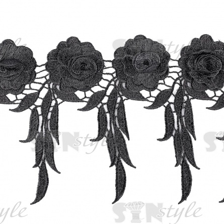 Кружево "Цветочное", нежная цветочная гирлянда из объемных бутонов роз и бахромой с резными листьями по нижнему краю, ширина 180 мм, цвет черный, намотка 15 ярдов фото 2