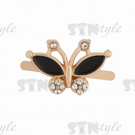 Брошь металлическая со стразами, цвет золото+черная эмаль+белые стразы, крепление усики, размер 24х16 мм фото 1