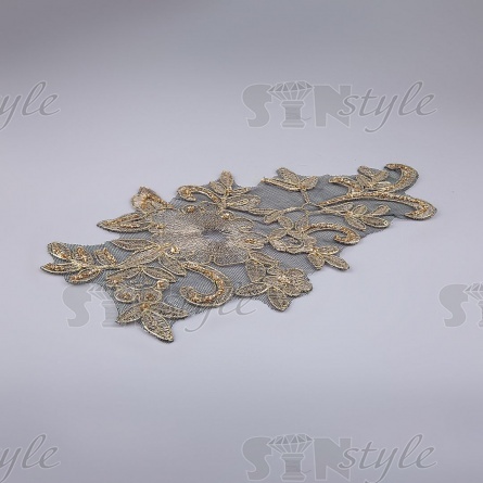 Аппликация кружевная пришивная на черной сетке, размер 130х180 мм, цвет золотой фото 2