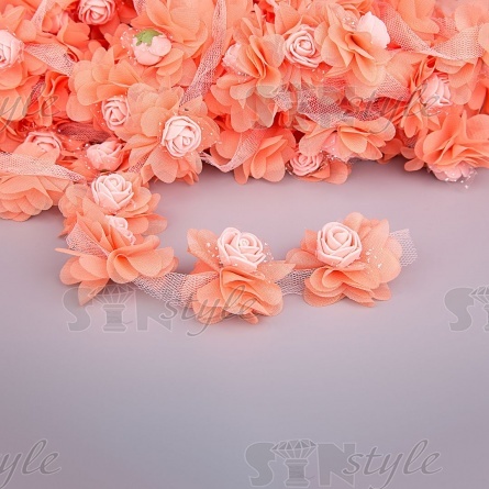 Кружево "Цветочки" на капроновой ленте, нежная цветочная гирлянда с объемными цветами, ширина 60 мм, цвет персиковый (167), намотка 10 ярдов фото 1