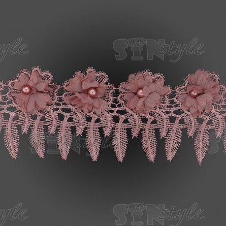 Кружево ажурное с отделкой, нежнейшее тонкое переплетение гирлянды с цветочными мотивами с бусиной в центре цветка, ширина 85 мм, намотка 10 ярдов, цвет старо-розовый  фото 1