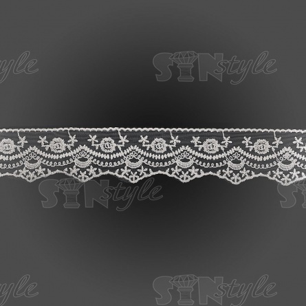 Кружево на сетке белого цвета с белой вышивкой, ширина 60 мм, намотка 15 ярдов фото 1