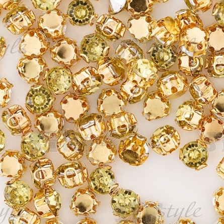 Стразы пришивные акриловые в цапах, форма круг, цвет золото+желто-зеленый, диаметр 7 мм, 720 шт/уп. фото 3