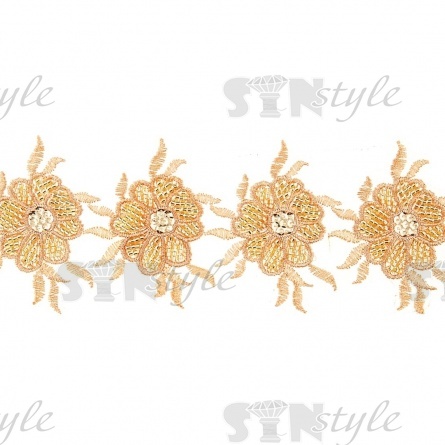 Кружево на сетке с цветочным орнаментом, расшитое пайетками и микробисером, вширина 75 мм, цвет золотой, намотка 10 ярдов  фото 1