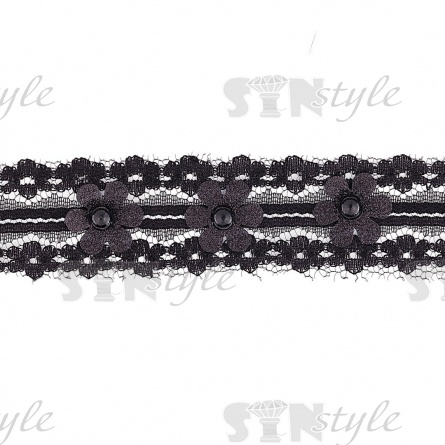 Декоративная тесьма отделочная кружевная на сетке с бусинами, цвет черный, ширина 30 мм, намотка 15 ярдов фото 3