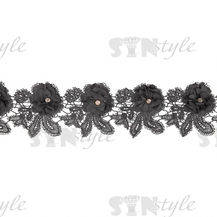 Кружево "Цветочное", на тонкой ажурной основе нежная гирлянда из объмных цветов с белой стразой в середине цветка, ширина 100 мм, намотка 15 ярдов  фото 1