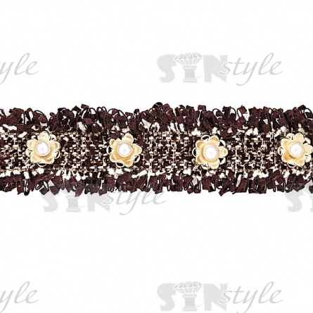 Декоративная тесьма букле с люрексом и бахромой, отделана золотыми цветками и белыми бусинами, ширина 30 мм, намотка 15 ярдов фото 1