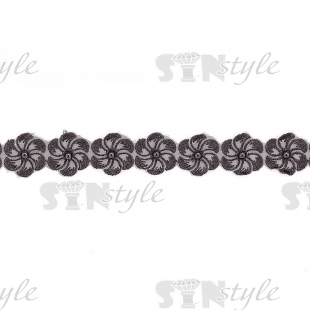 Кружево "Цветочки" на капроновой ленте, ширина 35 мм, цвет черный+белые бусины, намотка 20 ярдов фото 3