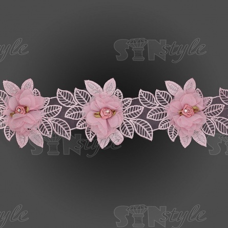 Кружево "Цветочное" на тонкой капроновой основе с объемными цветами, ширина 130 мм, намотка 10 ярдов, цвет грязно-розовый  фото 3