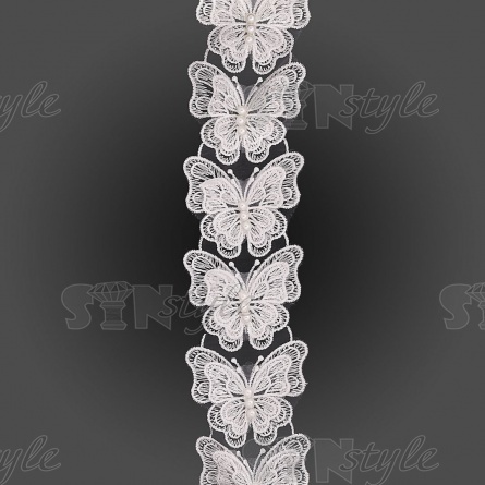 Кружево "Бабочки" на капроновой ленте, ширина 70 мм, цвет белый #7+бусины белые, намотка 20 ярдов фото 3