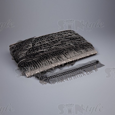 Декоративная тесьма с бахромой отделочная на сетке, ширина 50 мм, цвет черный+цепочка цвет никель, намотка 25 ярдов фото 2